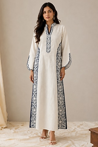 White Linen Kashmiri Embroidered Maxi Dress by Wazir C