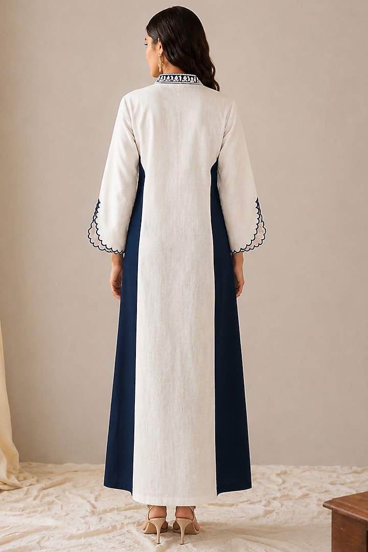 White Linen Kashmiri Embroidered Maxi Vacation Dress by Wazir C at Pernia's Pop Up Shop