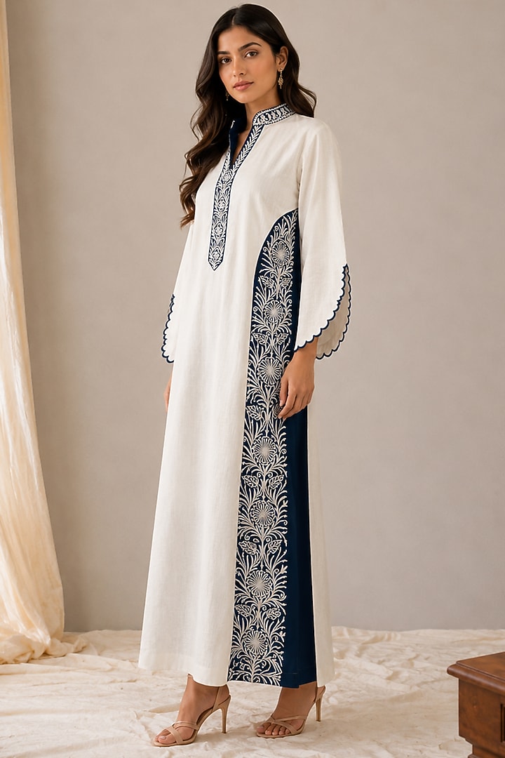 White Linen Kashmiri Embroidered Maxi Vacation Dress by Wazir C at Pernia's Pop Up Shop