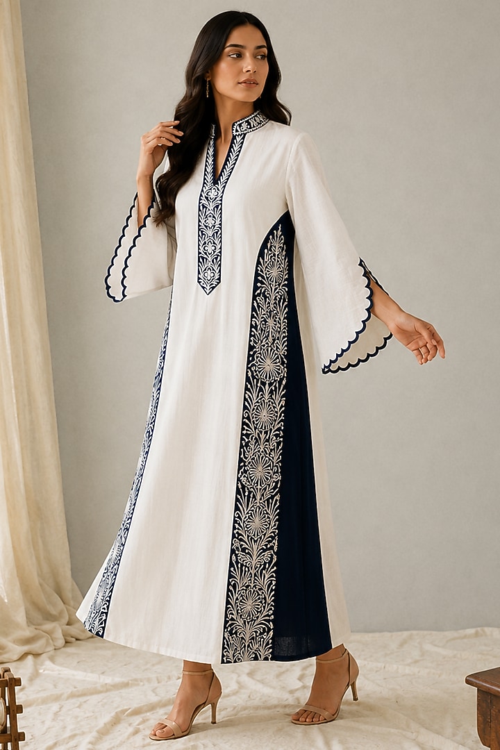 White Linen Kashmiri Embroidered Maxi Vacation Dress by Wazir C at Pernia's Pop Up Shop