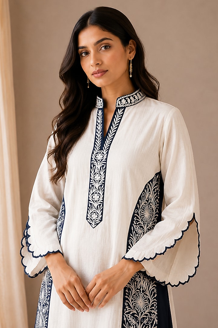 White Linen Kashmiri Embroidered Maxi Vacation Dress by Wazir C at Pernia's Pop Up Shop
