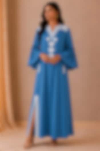 Blue Linen Kashmiri Embroidered Maxi Summer Dress by Wazir C at Pernia's Pop Up Shop