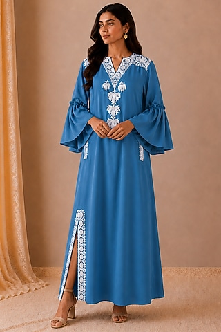 Blue Linen Kashmiri Embroidered Maxi Dress by Wazir C