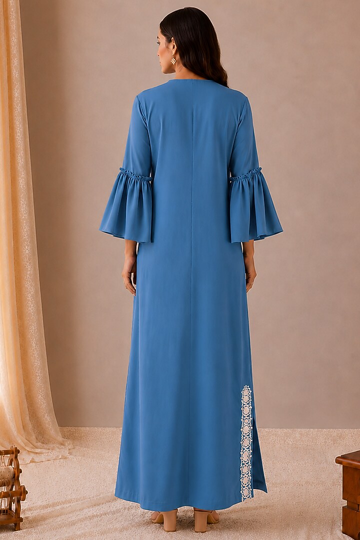 Blue Linen Kashmiri Embroidered Maxi Summer Dress by Wazir C at Pernia's Pop Up Shop