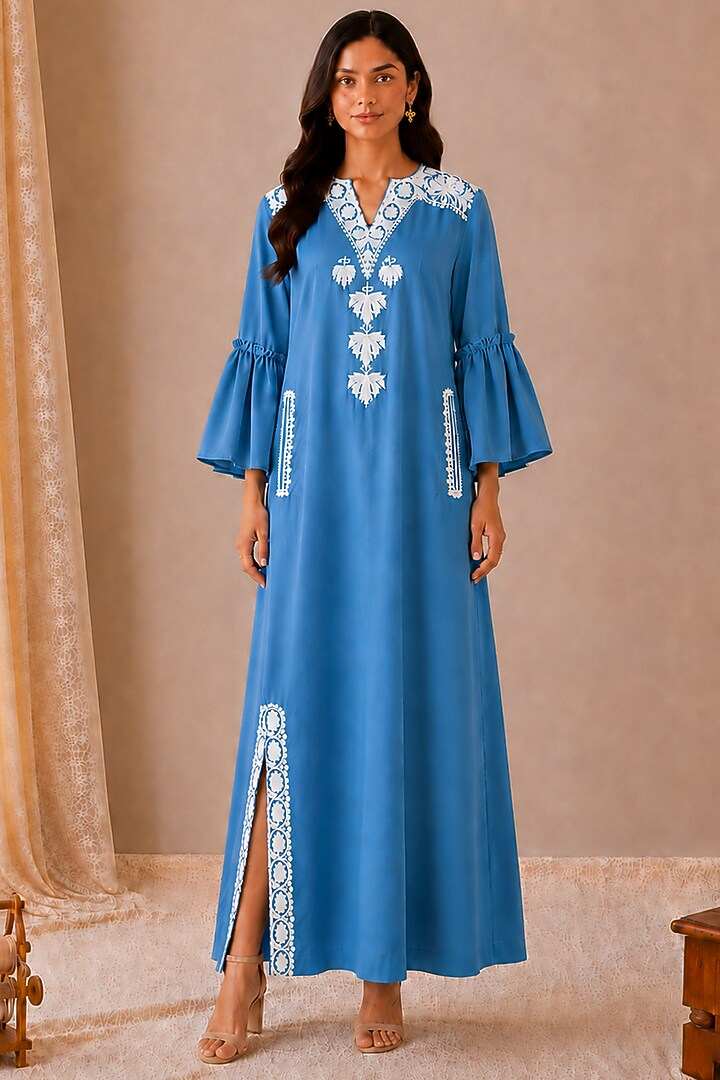 Blue Linen Kashmiri Embroidered Maxi Summer Dress by Wazir C at Pernia's Pop Up Shop