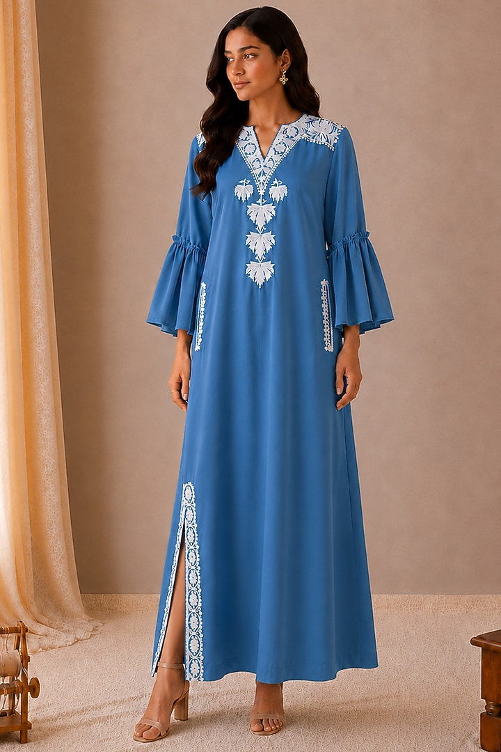 Blue Linen Kashmiri Embroidered Maxi Summer Dress by Wazir C at Pernia's Pop Up Shop