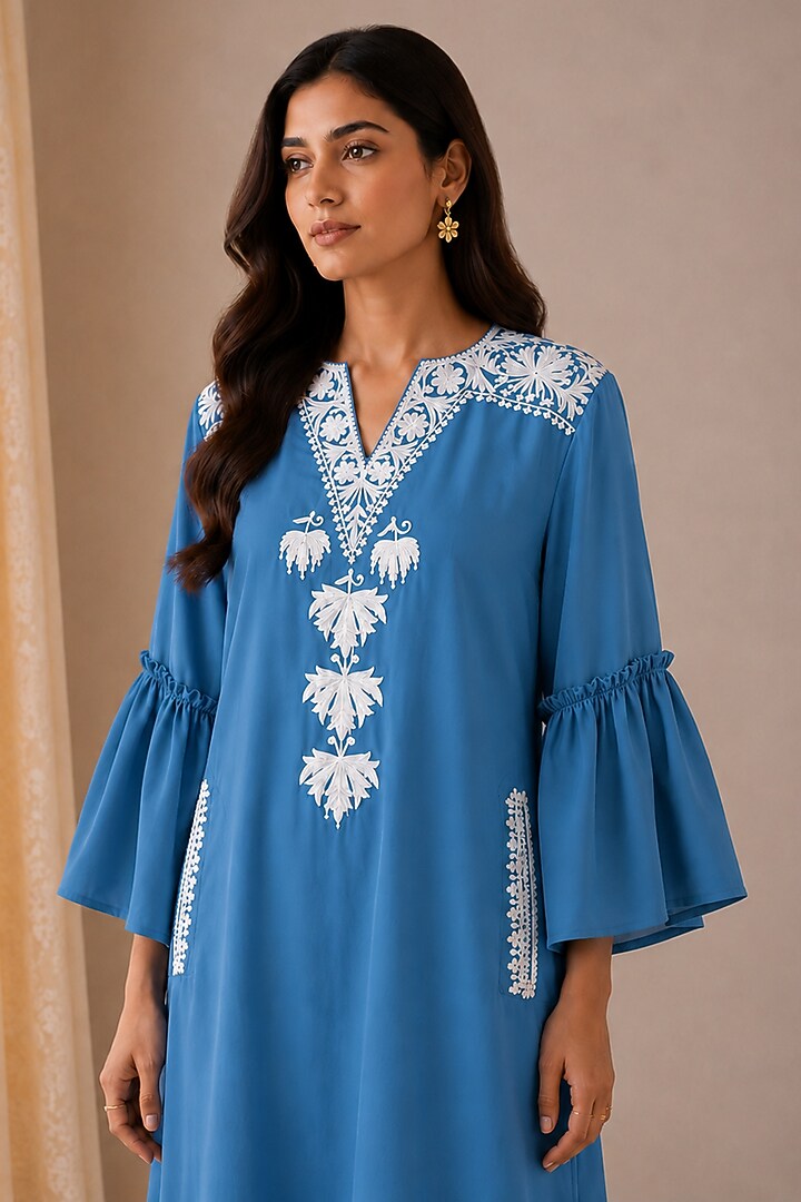 Blue Linen Kashmiri Embroidered Maxi Summer Dress by Wazir C at Pernia's Pop Up Shop