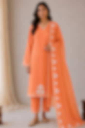 Orange Linen Kashmiri Embroidered Kurta Set by Wazir C at Pernia's Pop Up Shop