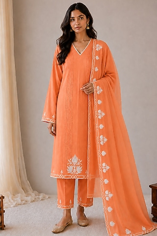 Orange Linen Kashmiri Embroidered Kurta Set by Wazir C