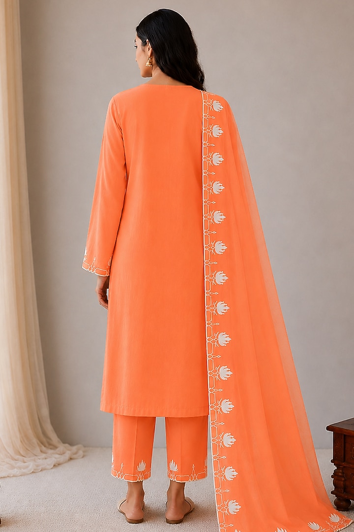 Orange Linen Kashmiri Embroidered Kurta Set by Wazir C at Pernia's Pop Up Shop