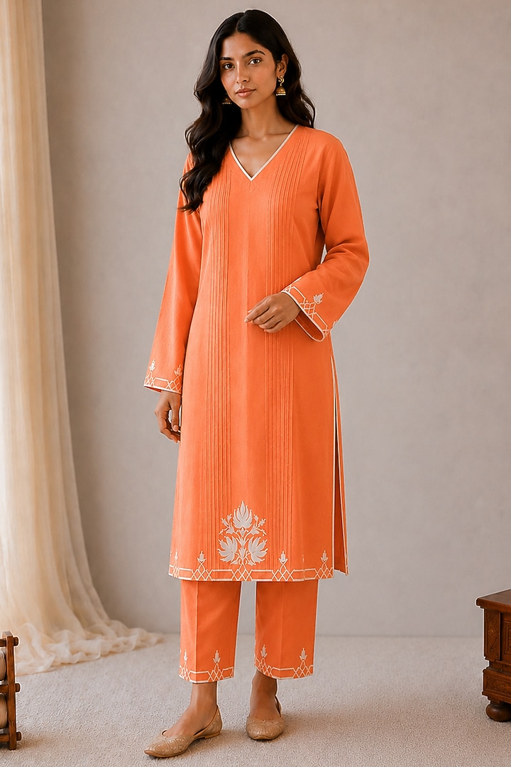 Orange Linen Kashmiri Embroidered Kurta Set by Wazir C at Pernia's Pop Up Shop