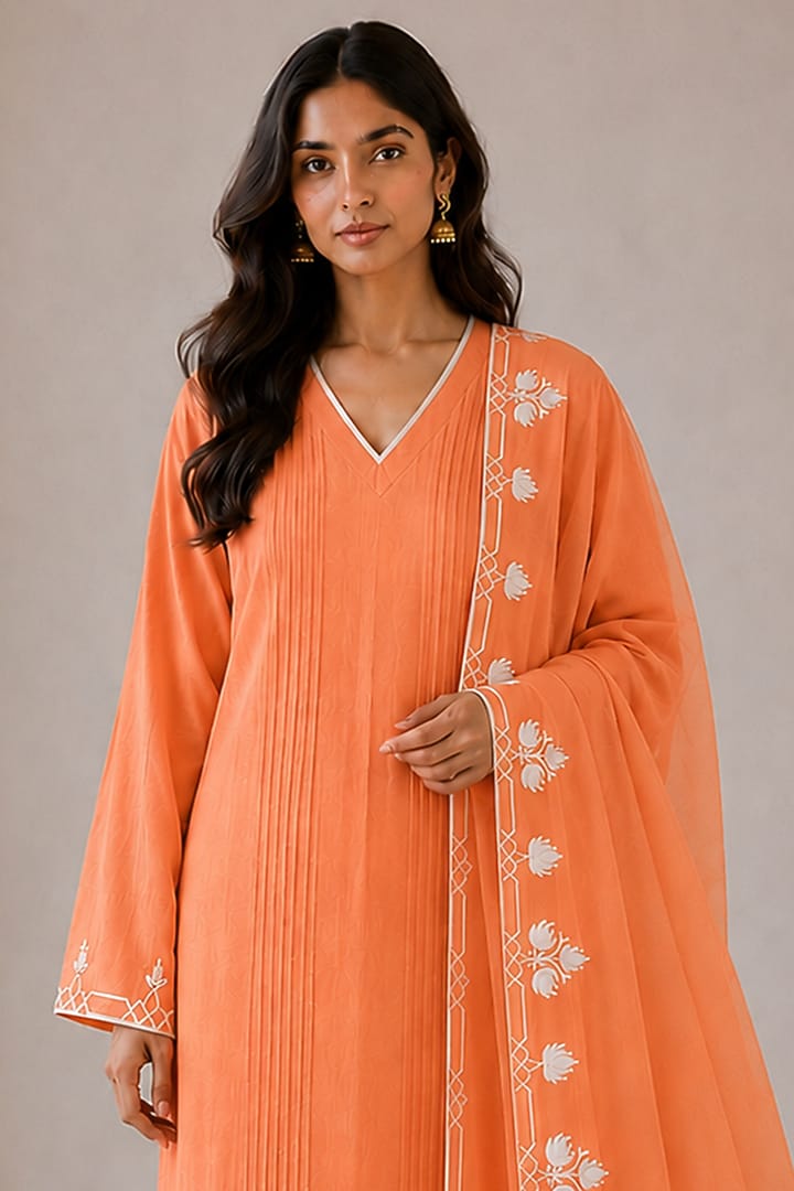 Orange Linen Kashmiri Embroidered Kurta Set by Wazir C at Pernia's Pop Up Shop