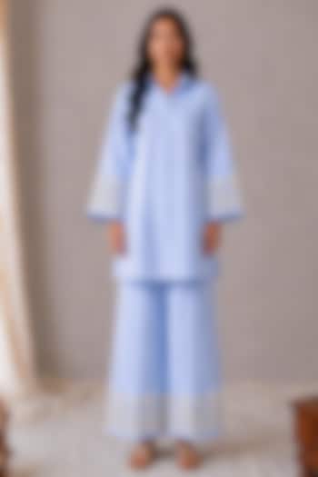 Sky Blue Linen Kashmiri Embroidered Co-Ord Set by Wazir C at Pernia's Pop Up Shop