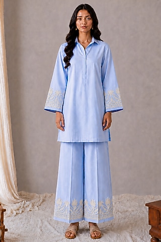 Sky Blue Linen Kashmiri Embroidered Co-Ord Set by Wazir C