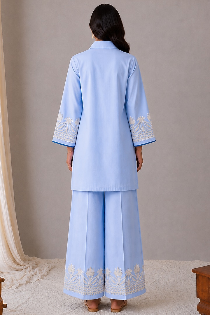 Sky Blue Linen Kashmiri Embroidered Co-Ord Set by Wazir C at Pernia's Pop Up Shop