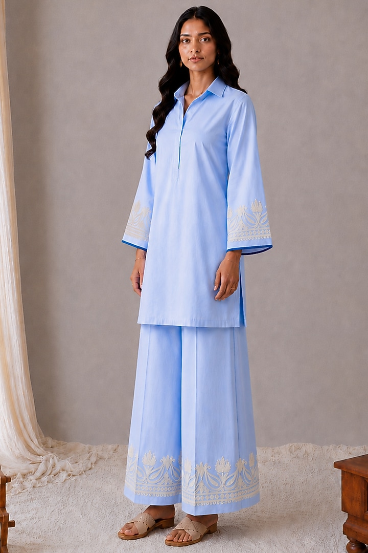 Sky Blue Linen Kashmiri Embroidered Co-Ord Set by Wazir C at Pernia's Pop Up Shop