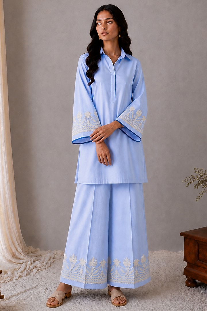 Sky Blue Linen Kashmiri Embroidered Co-Ord Set by Wazir C at Pernia's Pop Up Shop