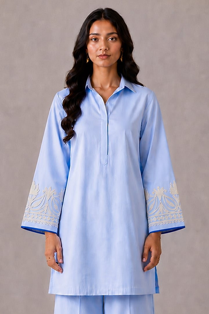 Sky Blue Linen Kashmiri Embroidered Co-Ord Set by Wazir C at Pernia's Pop Up Shop