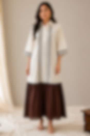 White & Brown Linen Aari Embroidered Maxi Summer Dress by Wazir C at Pernia's Pop Up Shop