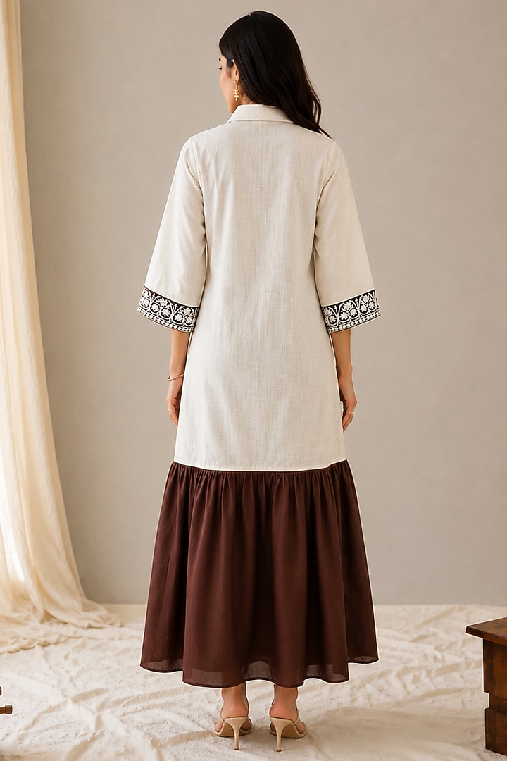 White & Brown Linen Aari Embroidered Maxi Summer Dress by Wazir C at Pernia's Pop Up Shop