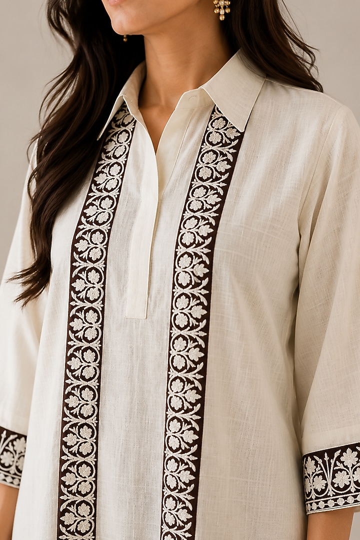 White & Brown Linen Aari Embroidered Maxi Summer Dress by Wazir C at Pernia's Pop Up Shop
