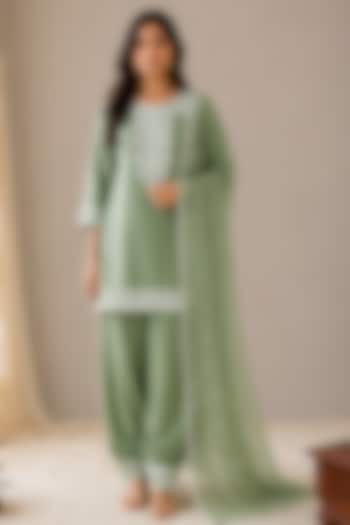 Mint Green Cotton Zari Embroidered Kurta Set by Wazir C at Pernia's Pop Up Shop