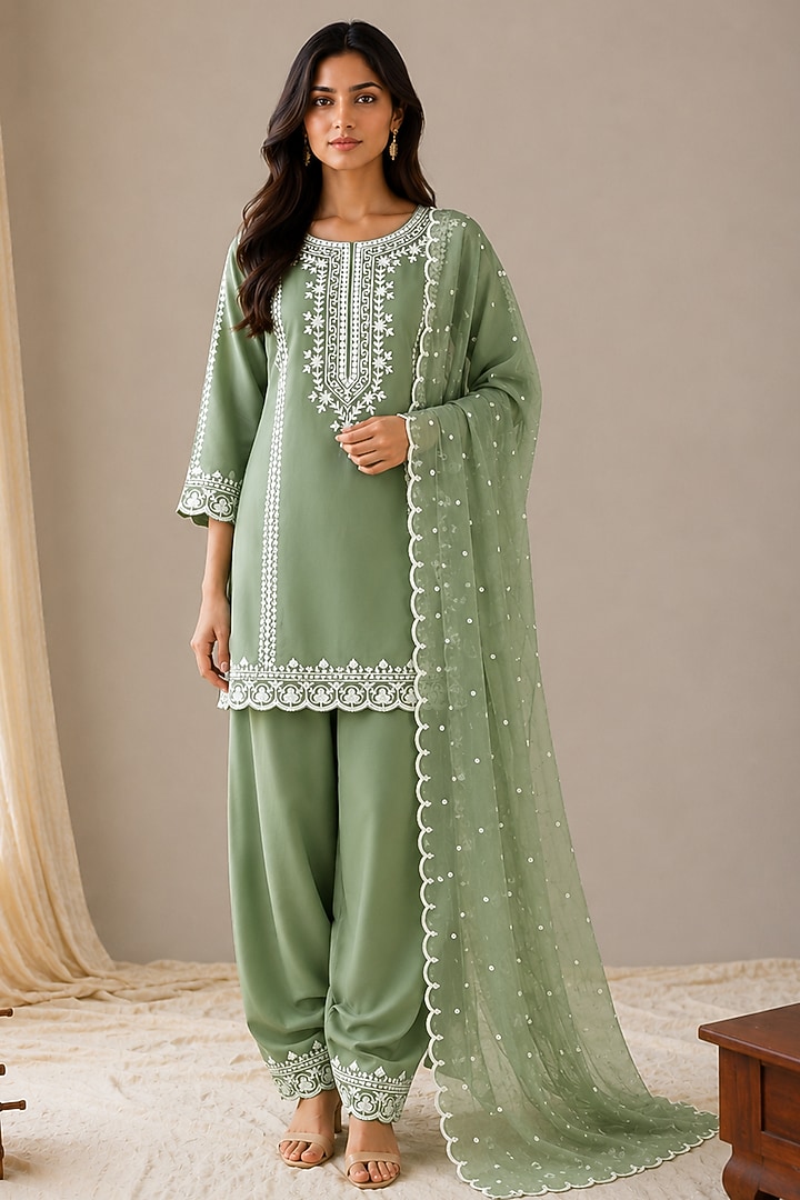 Mint Green Cotton Zari Embroidered Kurta Set by Wazir C at Pernia's Pop Up Shop