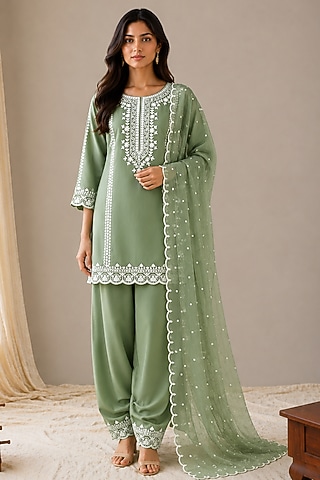 Mint Green Cotton Zari Embroidered Kurta Set by Wazir C