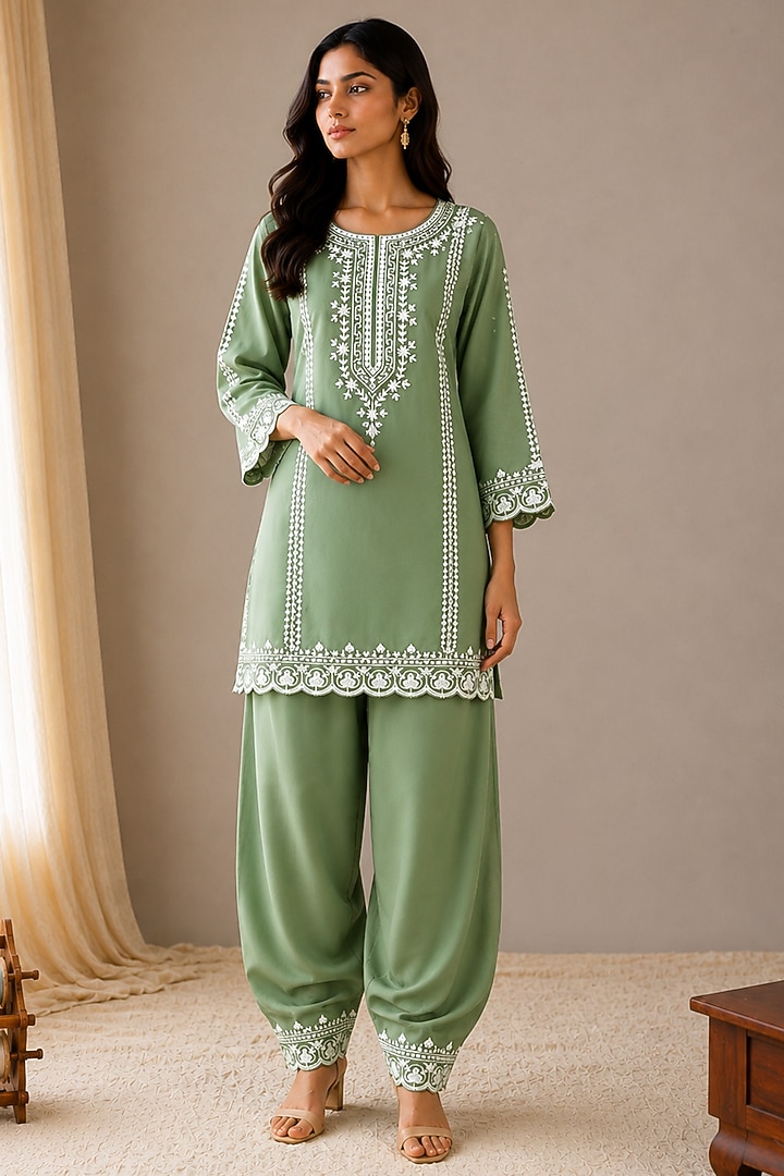 Mint Green Cotton Zari Embroidered Kurta Set by Wazir C at Pernia's Pop Up Shop
