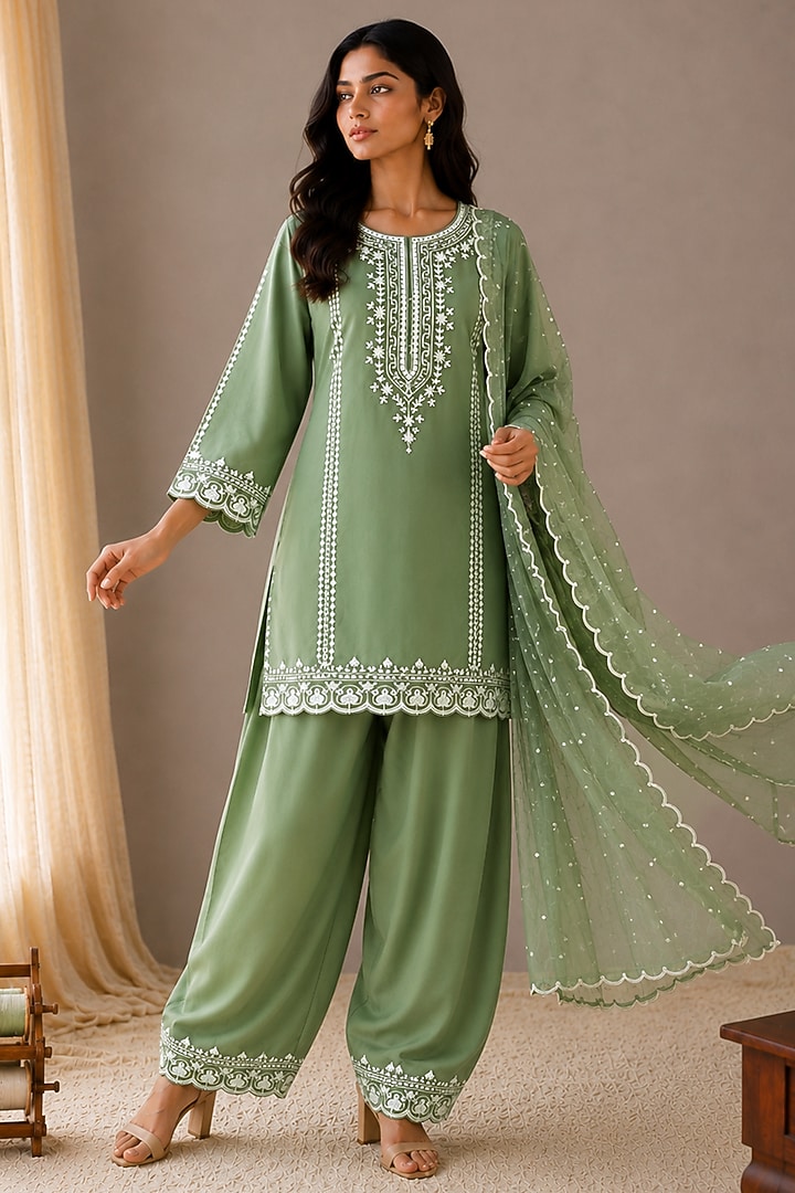 Mint Green Cotton Zari Embroidered Kurta Set by Wazir C at Pernia's Pop Up Shop
