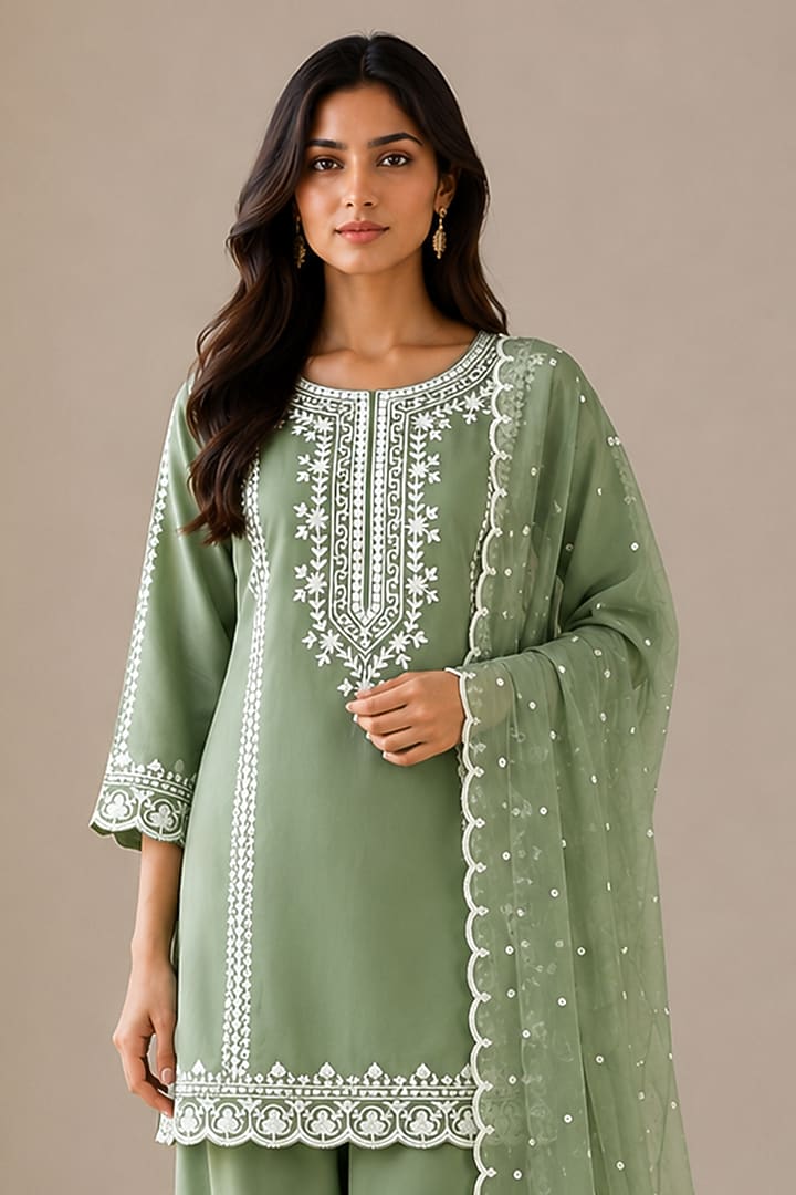 Mint Green Cotton Zari Embroidered Kurta Set by Wazir C at Pernia's Pop Up Shop