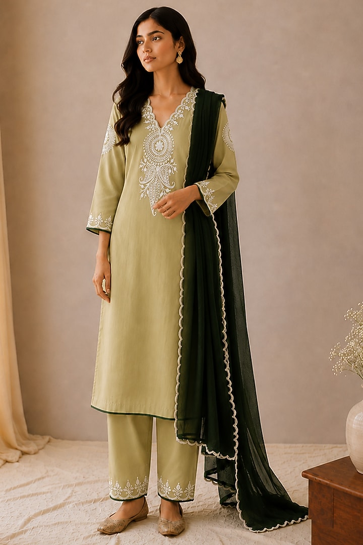 Olive Green Linen Kashmiri Embroidered Kurta Set by Wazir C at Pernia's Pop Up Shop