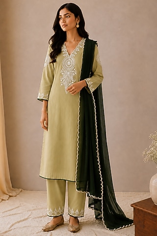Olive Green Linen Kashmiri Embroidered Kurta Set by Wazir C