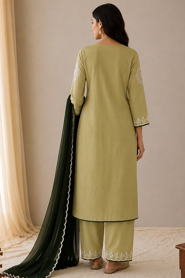 Olive Green Linen Kashmiri Embroidered Kurta Set by Wazir C at Pernia's Pop Up Shop