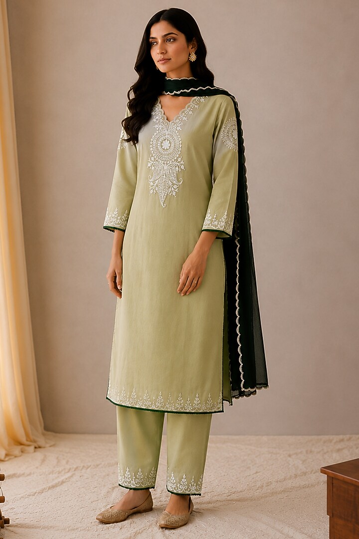 Olive Green Linen Kashmiri Embroidered Kurta Set by Wazir C at Pernia's Pop Up Shop