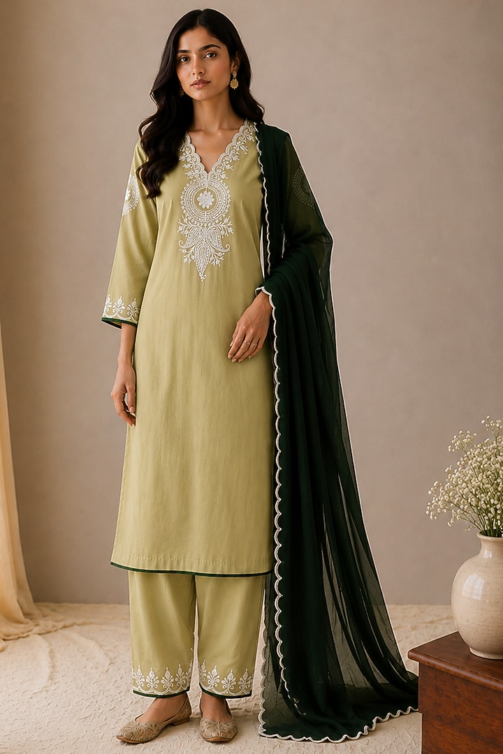 Olive Green Linen Kashmiri Embroidered Kurta Set by Wazir C at Pernia's Pop Up Shop