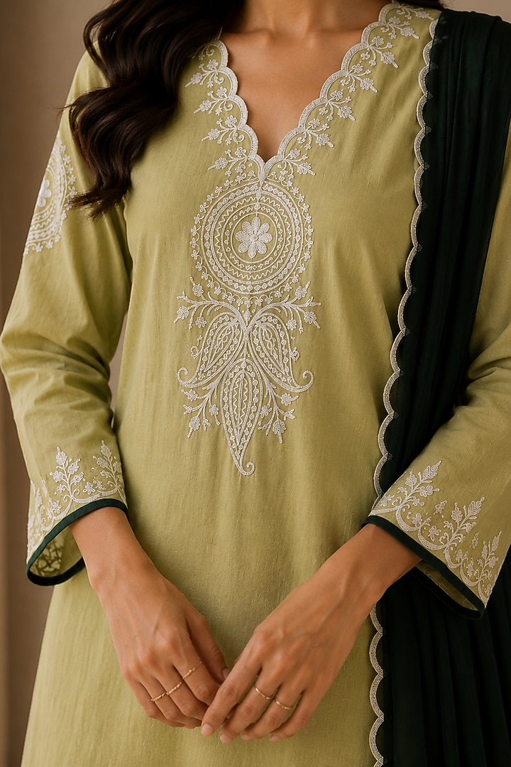Olive Green Linen Kashmiri Embroidered Kurta Set by Wazir C at Pernia's Pop Up Shop