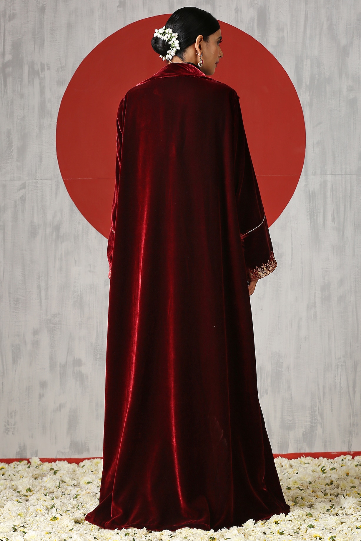 Maroon & Black Velvet Embroidered Jacket Dress by Wazir C at