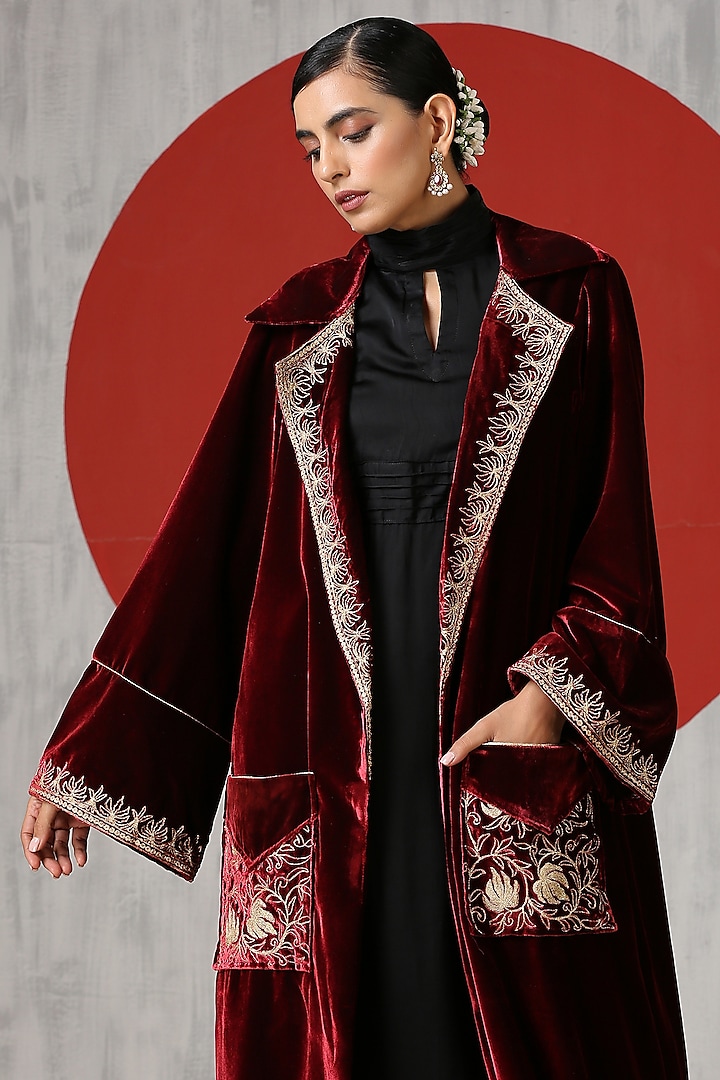 embroidered coat dress Black crêpe tailored coat dress featuring crystal embroidery main image 0