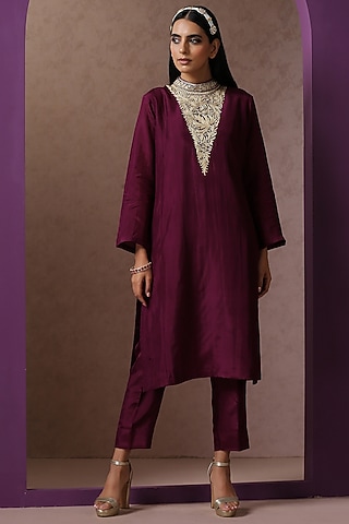 Purple Silk Embroidered Kurta Set by Wazir C