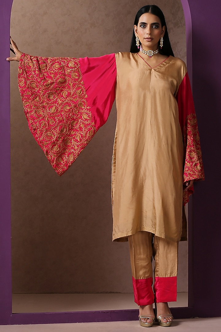 Beige & Hot Pink Silk Embroidered Co-Ord Set by Wazir C at Pernia's Pop Up Shop