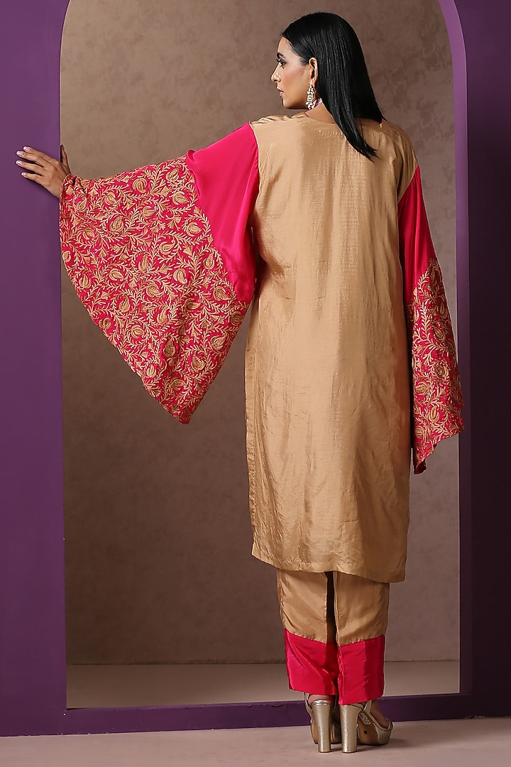 Beige & Hot Pink Silk Embroidered Co-Ord Set by Wazir C at Pernia's Pop Up Shop