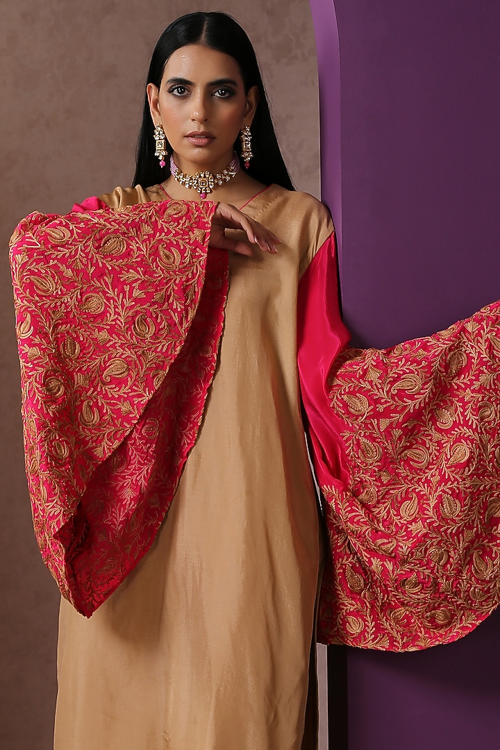 Beige & Hot Pink Silk Embroidered Co-Ord Set by Wazir C at Pernia's Pop Up Shop