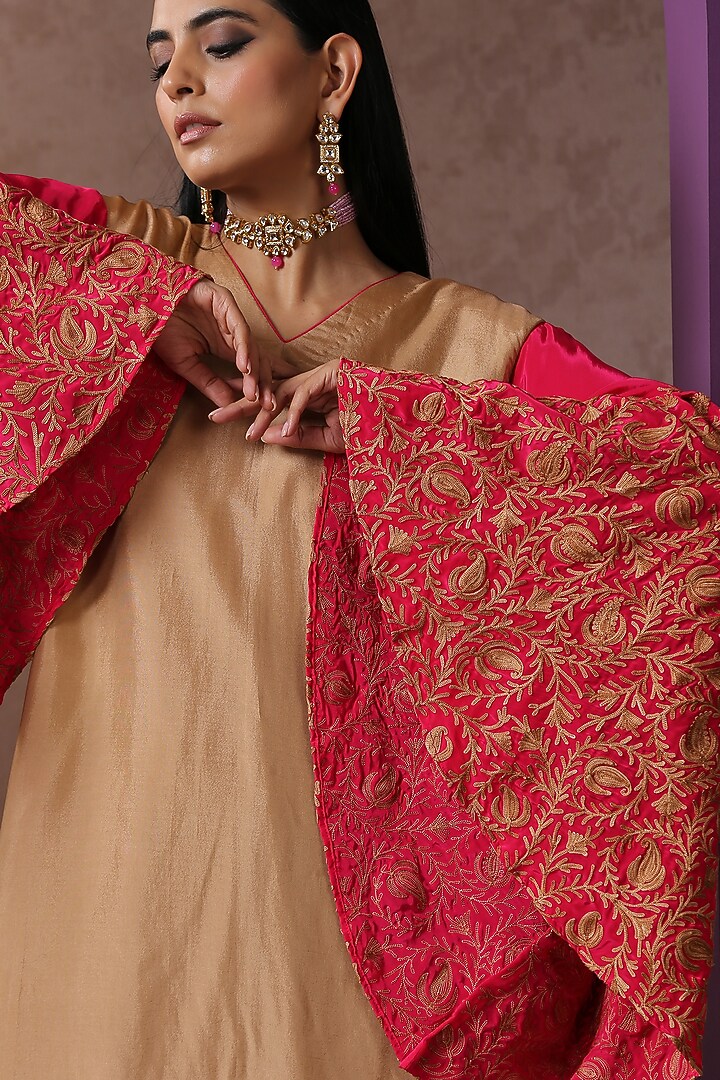 Beige & Hot Pink Silk Embroidered Co-Ord Set by Wazir C at Pernia's Pop Up Shop