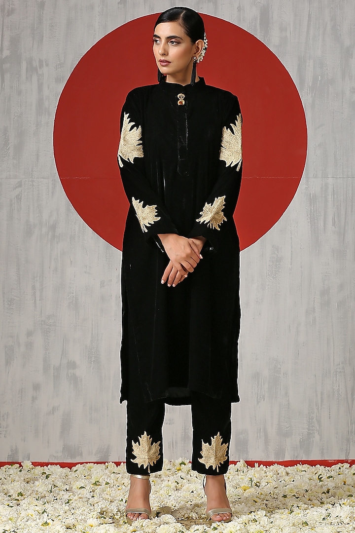 Black Velvet Embroidered Co-Ord Set by Wazir C at Pernia's Pop Up Shop