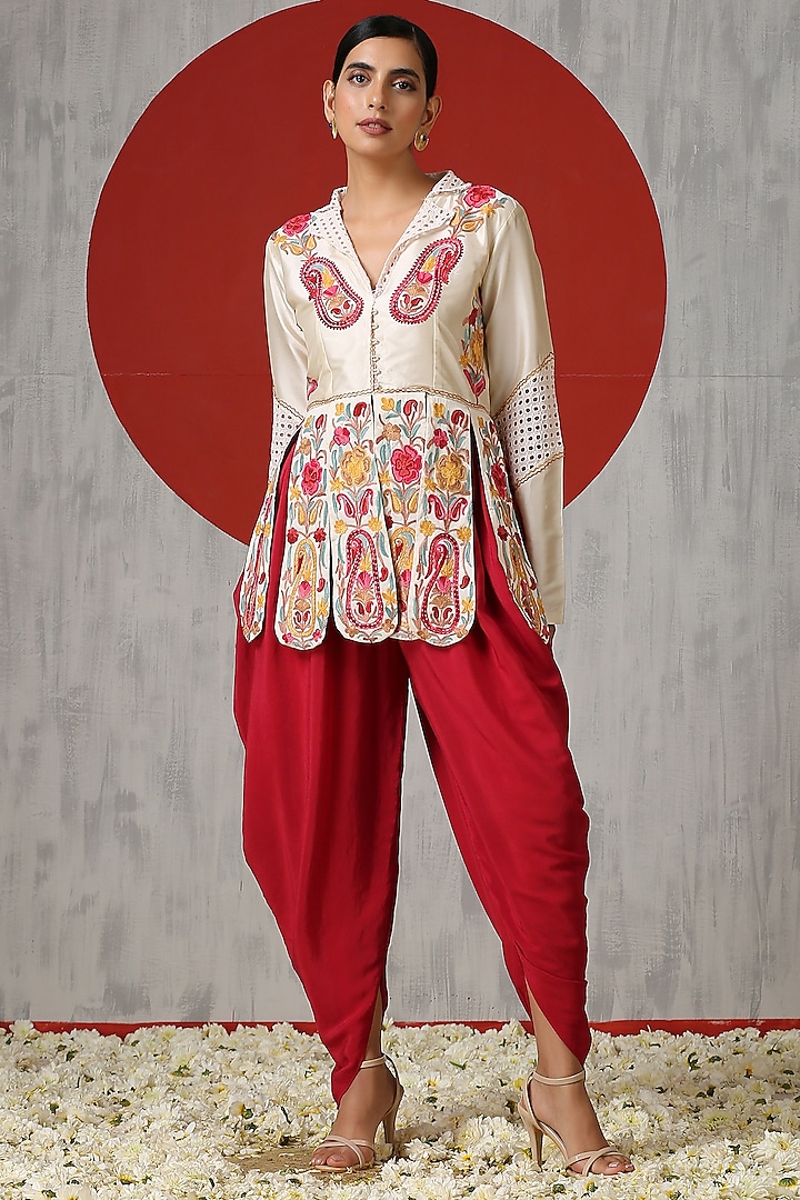 Off-White Silk Embroidered Jacket Set by Wazir C