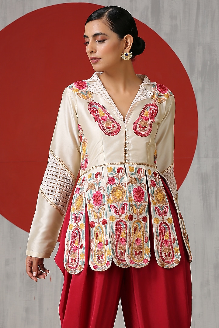 Off-White Silk Embroidered Jacket Set by Wazir C at Pernia's Pop Up Shop