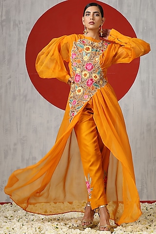 Mustard Cotton & Organza Embroidered Co-Ord Set by Wazir C
