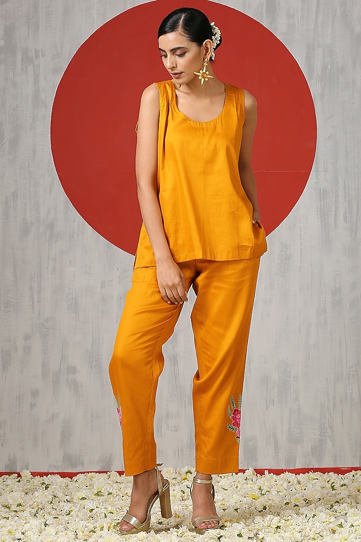 Mustard Cotton & Organza Embroidered Co-Ord Set by Wazir C at Pernia's Pop Up Shop