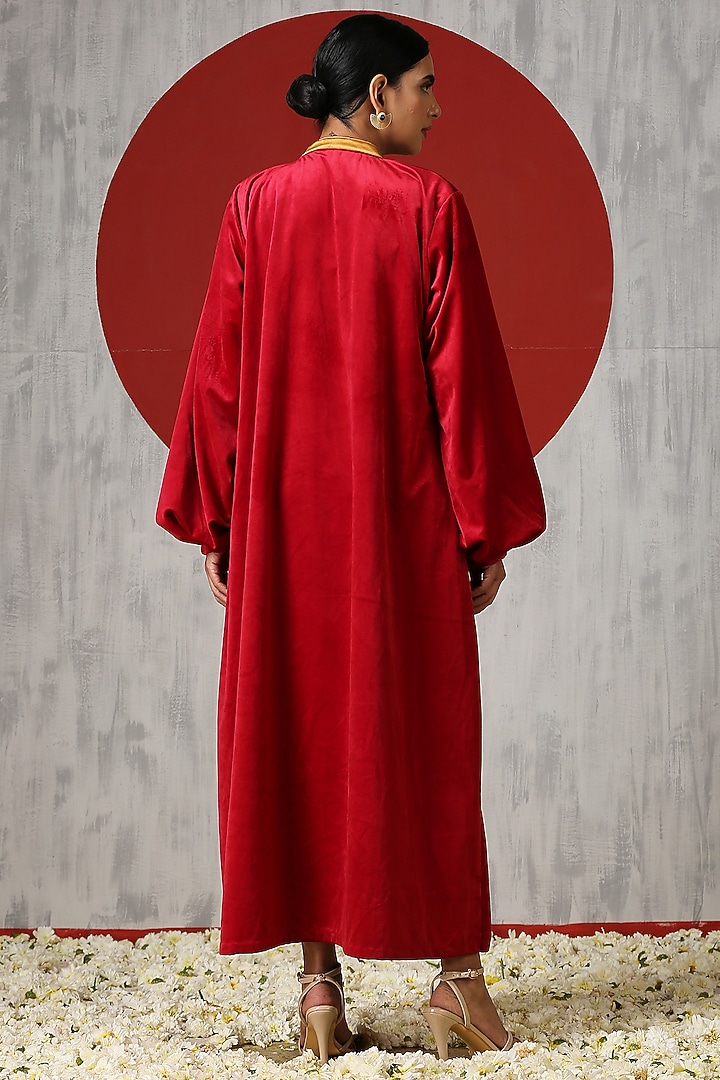 Red Velvet Embroidered Summer Dress by Wazir C at Pernia's Pop Up Shop